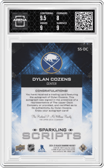 Dylan Cozens from the 2024-25 Upper Deck Black Diamond set graded by Arena Club and given an overall grade of 8.5.
