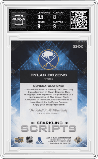 Dylan Cozens from the 2024-25 Upper Deck Black Diamond set graded by Arena Club and given an overall grade of 8.5.