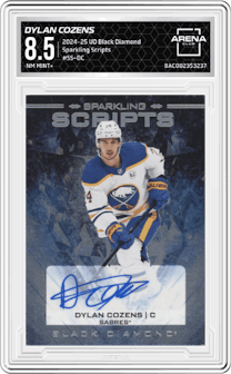 Dylan Cozens from the 2024-25 Upper Deck Black Diamond set graded by Arena Club and given an overall grade of 8.5.