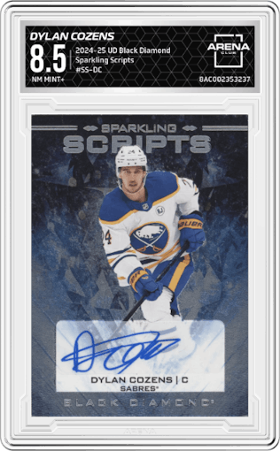 Dylan Cozens from the 2024-25 Upper Deck Black Diamond set graded by Arena Club and given an overall grade of 8.5.