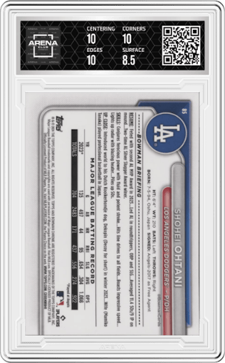 Shohei Ohtani from the 2024 Bowman Chrome set graded by Arena Club and given an overall grade of 9.