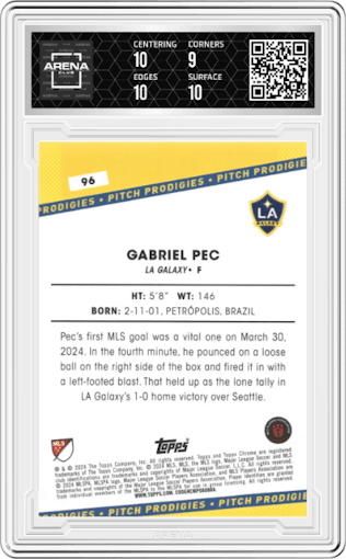 Gabriel Pec from the 2024 Topps Chrome Sapphire Edition MLS set graded by Arena Club and given an overall grade of 9.5.