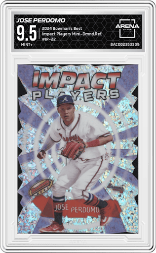 Jose Perdomo  from the 2024 Bowman's Best set featuring a Mini-Diamond Refractors parallel graded by Arena Club and given an overall grade of 9.5.