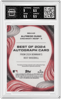Alfredo Duno from the 2024 Bowman's Best set graded by Arena Club and given an overall grade of 9.