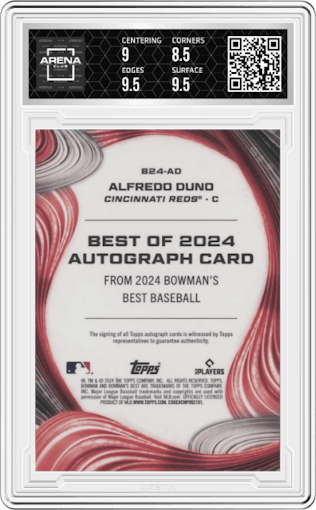 Alfredo Duno from the 2024 Bowman's Best set graded by Arena Club and given an overall grade of 9.