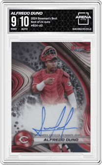 Alfredo Duno from the 2024 Bowman's Best set graded by Arena Club and given an overall grade of 9.