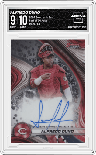 Alfredo Duno from the 2024 Bowman's Best set graded by Arena Club and given an overall grade of 9.