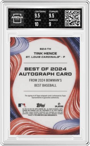Tink Hence from the 2024 Bowman's Best set graded by Arena Club and given an overall grade of 9.5.