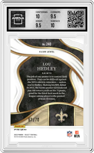 Lou Hedley from the 2023 Panini Select set featuring a Dragon Scale parallel graded by Arena Club and given an overall grade of 10.