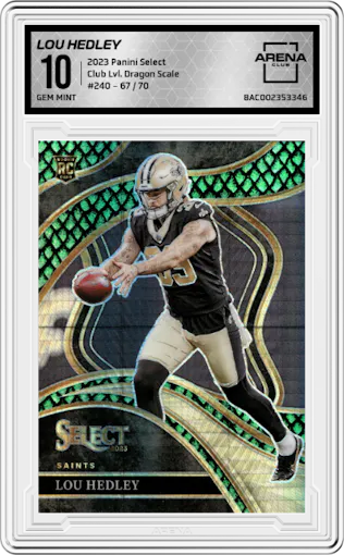 Lou Hedley from the 2023 Panini Select set featuring a Dragon Scale parallel graded by Arena Club and given an overall grade of 10.