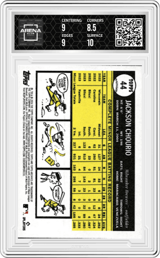 Jackson Chourio from the 2024 Topps Archives set graded by Arena Club and given an overall grade of 9.