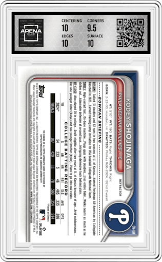 Kodey Shojinaga  from the 2024 Bowman Draft set featuring a Refractor parallel graded by Arena Club and given an overall grade of 10.