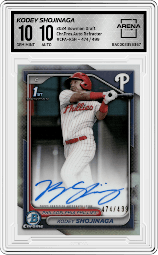 Kodey Shojinaga  from the 2024 Bowman Draft set featuring a Refractor parallel graded by Arena Club and given an overall grade of 10.
