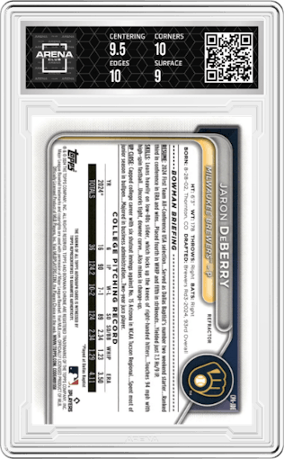 Jaron DeBerry   from the 2024 Bowman Draft set featuring a Refractor parallel graded by Arena Club and given an overall grade of 9.5.