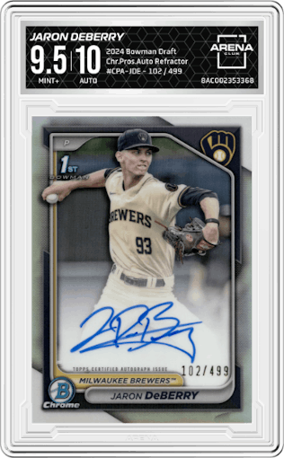 Jaron DeBerry   from the 2024 Bowman Draft set featuring a Refractor parallel graded by Arena Club and given an overall grade of 9.5.
