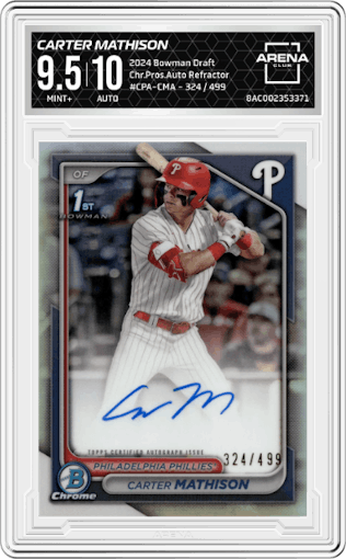 Carter Mathison from the 2024 Bowman Draft set featuring a Refractor parallel graded by Arena Club and given an overall grade of 9.5.