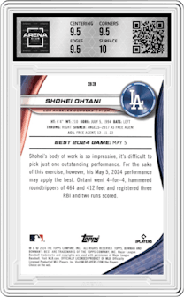 Shohei Ohtani from the 2024 Bowman's Best set graded by Arena Club and given an overall grade of 10.