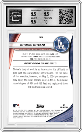 Shohei Ohtani from the 2024 Bowman's Best set graded by Arena Club and given an overall grade of 10.