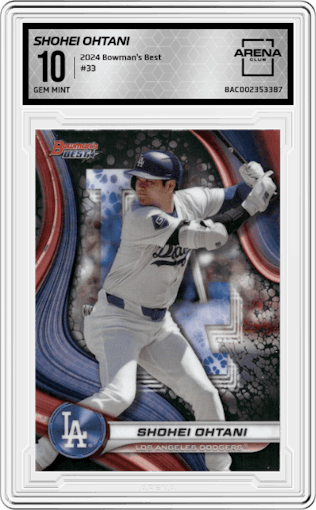 Shohei Ohtani from the 2024 Bowman's Best set graded by Arena Club and given an overall grade of 10.