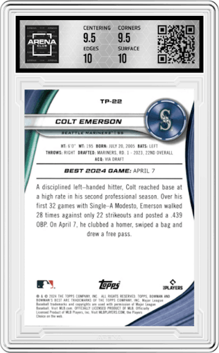 Colt Emerson from the 2024 Bowman's Best set featuring a Gold Lava Refractor parallel graded by Arena Club and given an overall grade of 10.