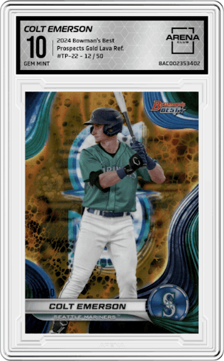 Colt Emerson from the 2024 Bowman's Best set featuring a Gold Lava Refractor parallel graded by Arena Club and given an overall grade of 10.