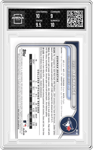 Trey Yesavage from the 2024 Bowman Draft set featuring a Orange parallel graded by Arena Club and given an overall grade of 9.5.