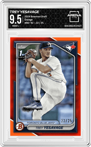 Trey Yesavage from the 2024 Bowman Draft set featuring a Orange parallel graded by Arena Club and given an overall grade of 9.5.