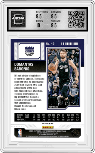 Domantas Sabonis from the 2023-24 Panini Contenders Optic set featuring a Cracked Ice  parallel graded by Arena Club and given an overall grade of 10.
