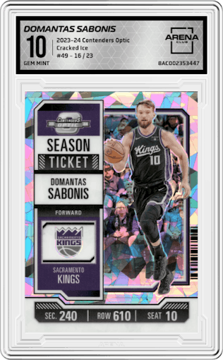 Domantas Sabonis from the 2023-24 Panini Contenders Optic set featuring a Cracked Ice  parallel graded by Arena Club and given an overall grade of 10.