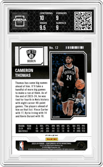 Cameron Thomas from the 2023-24 Panini Contenders Optic set featuring a Green Pulsar parallel graded by Arena Club and given an overall grade of 9.5.