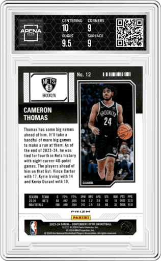 Cameron Thomas from the 2023-24 Panini Contenders Optic set featuring a Green Pulsar parallel graded by Arena Club and given an overall grade of 9.5.