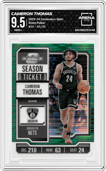 Cameron Thomas from the 2023-24 Panini Contenders Optic set featuring a Green Pulsar parallel graded by Arena Club and given an overall grade of 9.5.