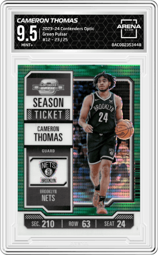 Cameron Thomas from the 2023-24 Panini Contenders Optic set featuring a Green Pulsar parallel graded by Arena Club and given an overall grade of 9.5.