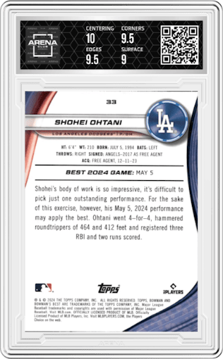 Shohei Ohtani from the 2024 Bowman's Best set graded by Arena Club and given an overall grade of 9.5.