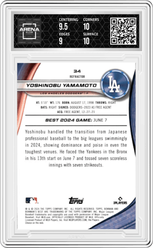 Yoshinobu Yamamoto from the 2024 Bowman's Best set featuring a Refractor parallel graded by Arena Club and given an overall grade of 9.5.