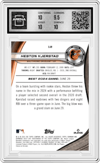 Heston Kjerstad from the 2024 Bowman's Best set featuring a Wave Refractor parallel graded by Arena Club and given an overall grade of 10.