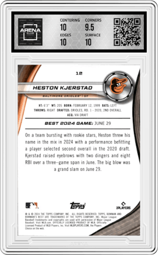 Heston Kjerstad from the 2024 Bowman's Best set featuring a Wave Refractor parallel graded by Arena Club and given an overall grade of 10.
