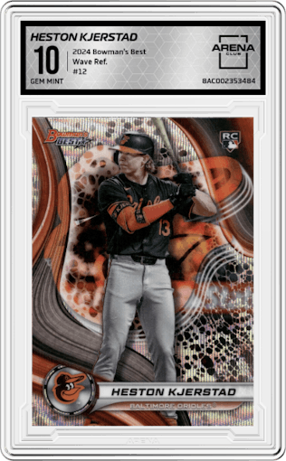Heston Kjerstad from the 2024 Bowman's Best set featuring a Wave Refractor parallel graded by Arena Club and given an overall grade of 10.