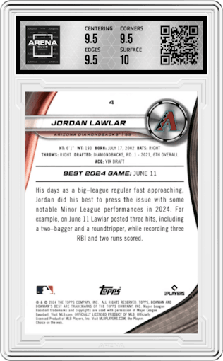 Jordan Lawlar from the 2024 Bowman's Best set featuring a Wave Refractor parallel graded by Arena Club and given an overall grade of 10.