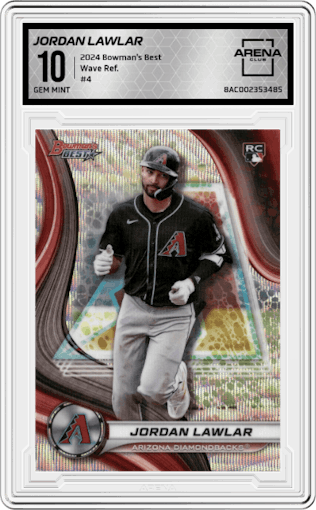 Jordan Lawlar from the 2024 Bowman's Best set featuring a Wave Refractor parallel graded by Arena Club and given an overall grade of 10.