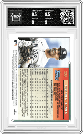 Gleyber Torres from the 2024 Topps Archives set featuring a Green Foilboard parallel graded by Arena Club and given an overall grade of 9.5.