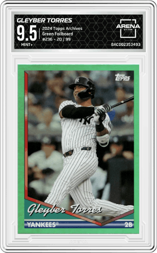 Gleyber Torres from the 2024 Topps Archives set featuring a Green Foilboard parallel graded by Arena Club and given an overall grade of 9.5.