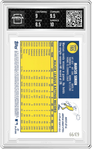 Marcus Semien from the 2024 Topps Archives set featuring a Green Foilboard parallel graded by Arena Club and given an overall grade of 9.