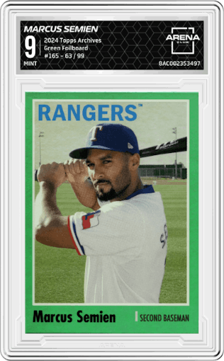 Marcus Semien from the 2024 Topps Archives set featuring a Green Foilboard parallel graded by Arena Club and given an overall grade of 9.