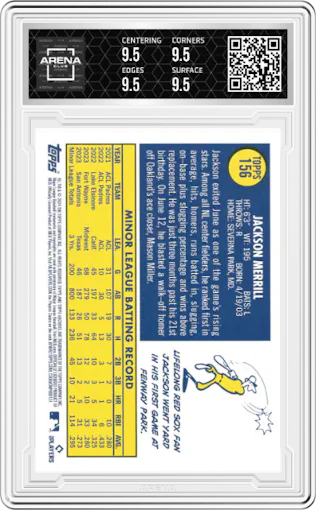 Jackson Merrill from the 2024 Topps Archives set featuring a Pink Foilboard parallel graded by Arena Club and given an overall grade of 9.5.