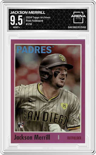 Jackson Merrill from the 2024 Topps Archives set featuring a Pink Foilboard parallel graded by Arena Club and given an overall grade of 9.5.