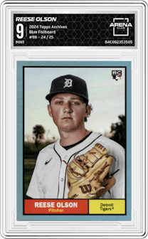 Reese Olson from the 2024 Topps Archives set featuring a Blue Foilboard parallel graded by Arena Club and given an overall grade of 9.