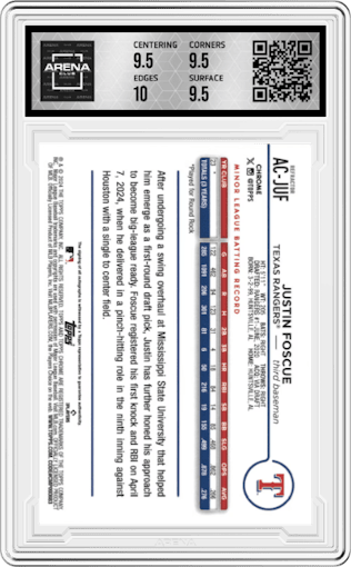 Justin Foscue from the 2024 Topps Chrome Update set featuring a Refractor parallel graded by Arena Club and given an overall grade of 10.