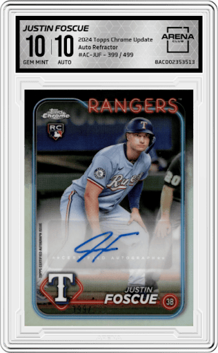 Justin Foscue from the 2024 Topps Chrome Update set featuring a Refractor parallel graded by Arena Club and given an overall grade of 10.