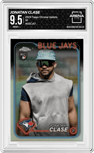 Jonatan Clase from the 2024 Topps Chrome Update set graded by Arena Club and given an overall grade of 9.5.